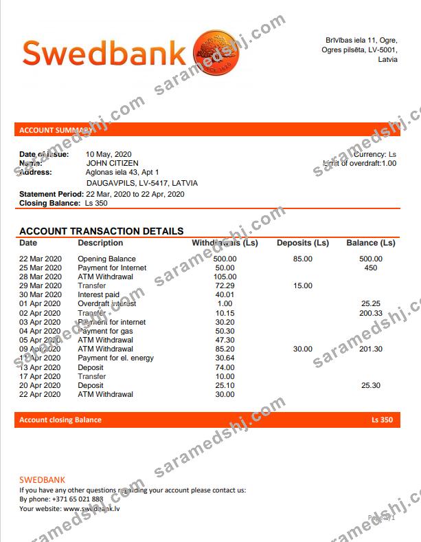 Latvia Swedbank bank statement template, Word and PDF format (.doc and .pdf)